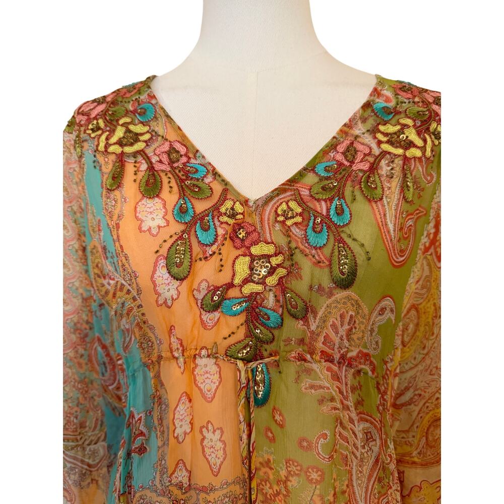 Cache NWT Silk Beaded Paisley & Block Pattern Sheer Coverup Drawstring - Medium - Picture 4 of 4